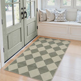 Covaba modern geometric checkered area rug in fern green, styled in a room setting, view 5