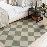 Covaba modern geometric checkered area rug in fern green, styled in a room setting, view 6
