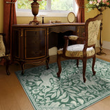 Covaba vintage woodcut forest and rabbit area rug in fern green, styled in a room setting, view 9