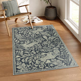 Covaba vintage woodcut forest and rabbit area rug in pearl grey, styled in a room setting, view 7