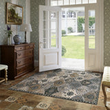Covaba ultra-thin vintage floral moroccan trellis area rug in pearl grey, styled in a room setting, view 8