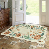 Covaba boho modern parisian floral scalloped area rug in warm beige, styled in a room setting, view 10