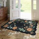 Covaba boho modern parisian floral scalloped area rug in ink black, styled in a room setting, view 8