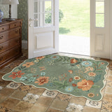 Covaba boho modern parisian floral scalloped area rug in fern green, styled in a room setting, view 14