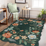 Covaba boho modern parisian floral scalloped area rug in forest fern, styled in a room setting, view 11