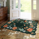 Covaba boho modern parisian floral scalloped area rug in forest fern, styled in a room setting, view 8