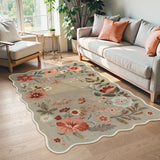 Covaba boho modern parisian floral scalloped area rug in coffee brown, styled in a room setting, view 8