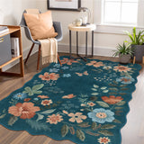 Covaba boho modern parisian floral scalloped area rug in deep navy, styled in a room setting, view 8
