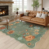 Covaba boho modern parisian floral scalloped area rug in fern green, styled in a room setting, view 12