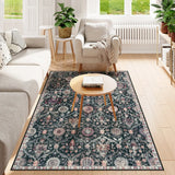 Covaba ultra-thin vintage floral moroccan trellis area rug in ink black, styled in a room setting