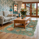 Covaba boho modern parisian floral scalloped area rug in fern green, styled in a room setting, view 9