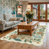 Covaba boho modern parisian floral scalloped area rug in warm beige, styled in a room setting, view 12