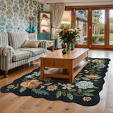 Covaba boho modern parisian floral scalloped area rug in ink black, styled in a room setting, view 2