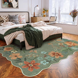 Covaba boho modern parisian floral scalloped area rug in fern green, styled in a room setting, view 13