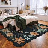 Covaba boho modern parisian floral scalloped doormat in ink black, styled in a room setting