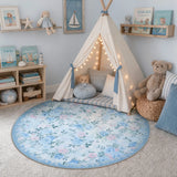 Covaba romantic vintage floral rose garden round rug in stormy blue, styled in a room setting