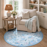 Covaba romantic vintage floral rose garden round rug in stormy blue, styled in a room setting, view 2