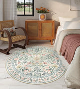 Covaba boho modern parisian garden floral round rug in warm beige, styled in a room setting, view 3