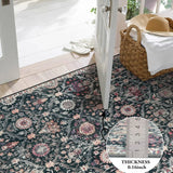 Covaba ultra-thin vintage floral moroccan trellis rug in ink black, styled in a room setting, view 2