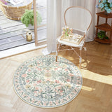 Covaba boho modern parisian garden floral round rug in warm beige, styled in a room setting