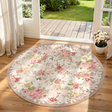 Covaba romantic vintage floral rose garden and round rug in blush clay, styled in a room setting, view 4