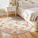 Covaba romantic vintage floral rose garden and round rug in blush clay, styled in a room setting, view 5