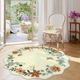 Covaba boho modern parisian floral scalloped round rug in warm beige, styled in a room setting
