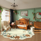 Covaba boho modern parisian floral scalloped round rug in warm beige, styled in a room setting, view 6