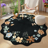 Covaba boho modern parisian floral scalloped round rug in ink black, styled in a room setting, view 2