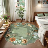 Covaba boho modern parisian floral scalloped round rug in fern green, styled in a room setting, view 4