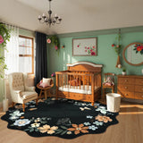 Covaba boho modern parisian floral scalloped round rug in ink black, styled in a room setting, view 3