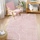 Covaba abstract rainbow stripe pink/white area rug in blush clay, styled in a room setting, view 7