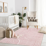 Covaba abstract rainbow stripe pink/white area rug in blush clay, styled in a room setting, view 8