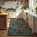 Covaba maximalism vibrant blossom floral area rug in ink black, styled in a room setting, view 14