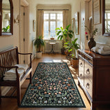 Covaba maximalism vibrant blossom floral area rug in ink black, styled in a room setting, view 13