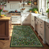 Covaba maximalism vibrant blossom floral area rug in forest fern, styled in a room setting, view 14
