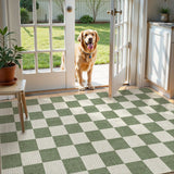 Covaba modern checkerboard area rug in olive grove, styled in a room setting, view 17
