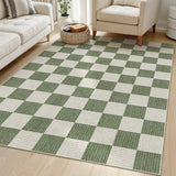 Covaba modern checkerboard area rug in olive grove, styled in a room setting, view 15