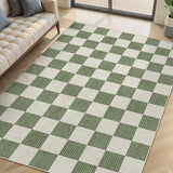 Covaba modern checkerboard area rug in olive grove, styled in a room setting, view 14