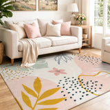 Covaba modern botanical leaf area rug in blush clay, styled in a room setting, view 11