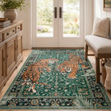 Covaba wild tiger area rug in fern green, styled in a room setting, view 11