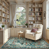 Covaba bohemian floral medallion area rug in teal haze, styled in a room setting, view 6