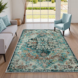 Covaba bohemian floral medallion area rug in teal haze, styled in a room setting, view 5