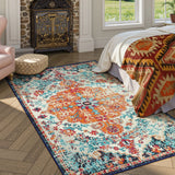 Covaba bohemian floral medallion area rug in amber clay, styled in a room setting, view 15