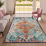 Covaba bohemian floral medallion area rug in amber clay, styled in a room setting, view 14