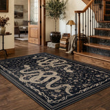 Covaba mystical snake area rug in ink black, styled in a room setting, view 12