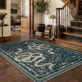 Covaba mystical snake area rug in stormy blue, styled in a room setting, view 5
