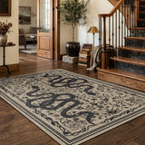 Covaba mystical snake area rug in coffee brown, styled in a room setting, view 7