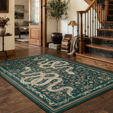 Covaba mystical snake area rug in fern green, styled in a room setting, view 10