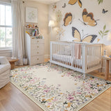 Covaba modern blooming floral garden area rug in warm beige, styled in a room setting, view 8